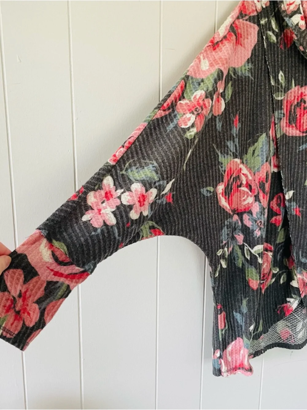 LuLaRoe Charcoal Sweater with Pink Rose Print